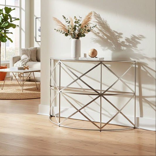 Silver Finish Iron Frame Demilune Console Table with Clear Glass Top, Rubia