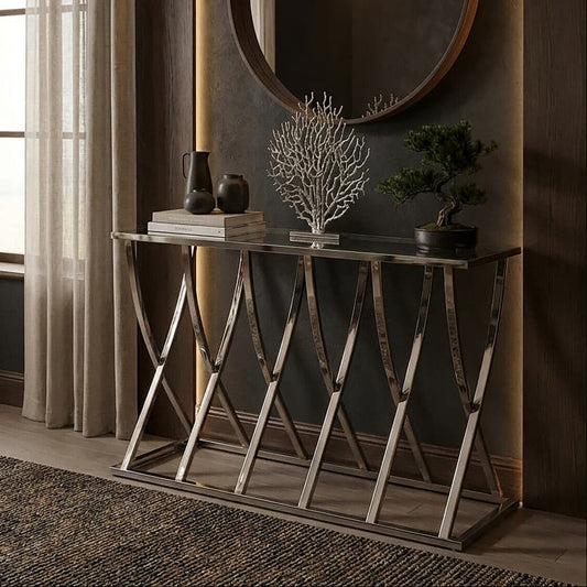 Silver Console Table with Mirrored Top, Reena