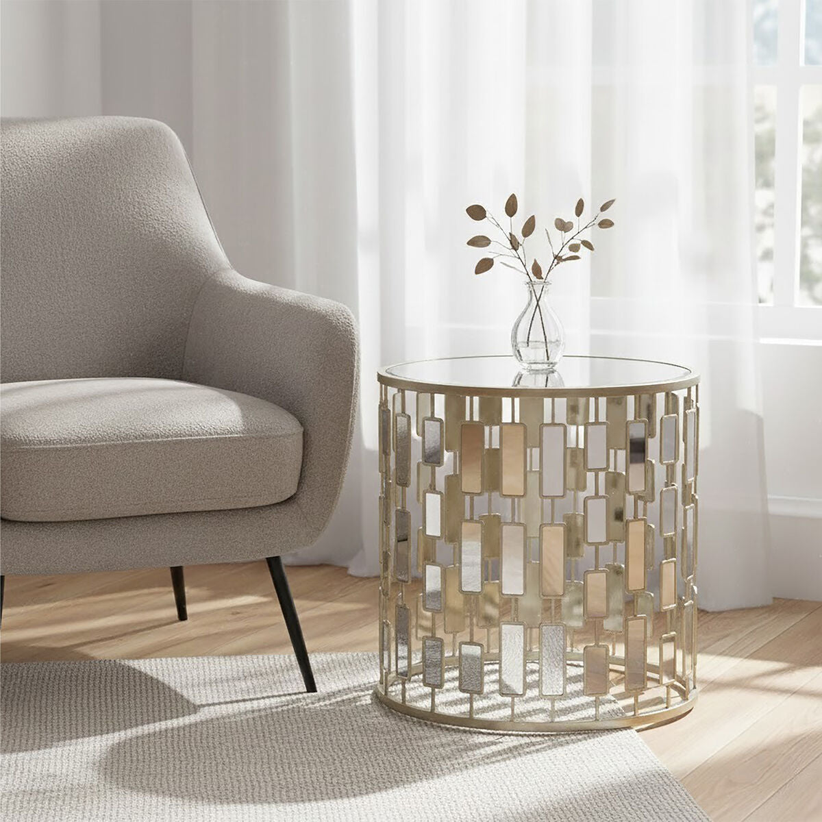 Silver Small Side Table with Mirrored Top, Raina