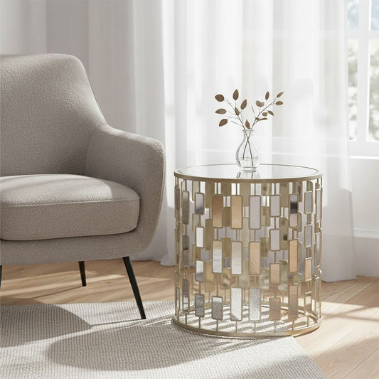 Silver Small Side Table with Mirrored Top, Raina