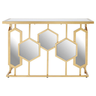 Gold Finish Iron Frame Console Table with Rectangular Mirrored Top | Rio