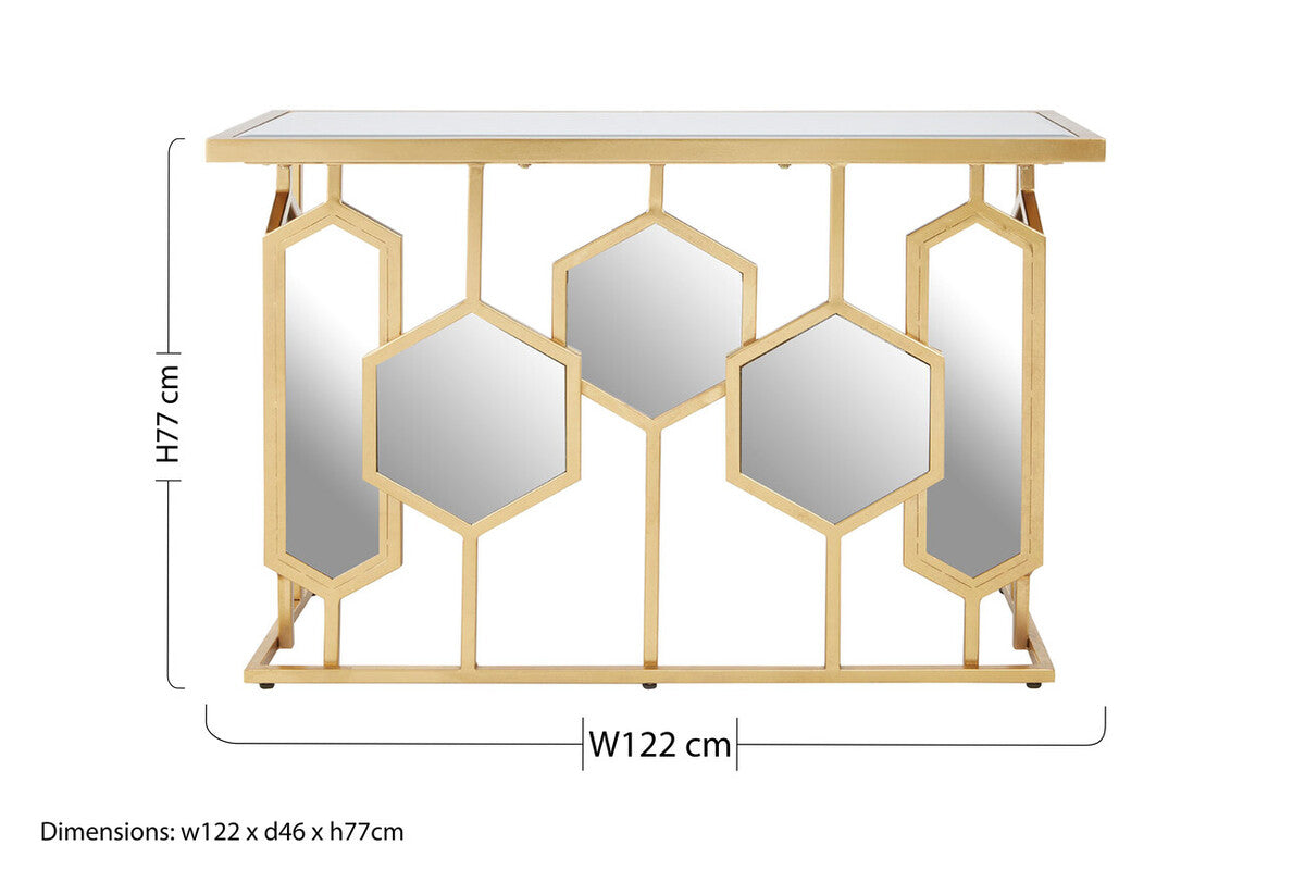 Gold Finish Iron Frame Console Table with Rectangular Mirrored Top | Rio