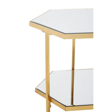 Gold Finish 2-Tier Side Table with Hexagonal Mirrored Glass Shelves | Rio