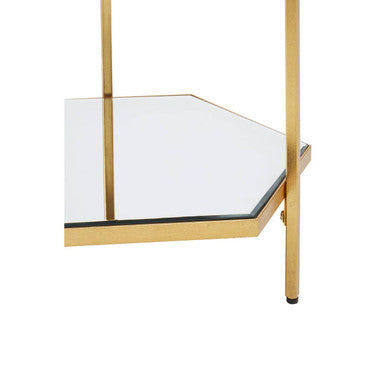 Gold Finish 2-Tier Side Table with Hexagonal Mirrored Glass Shelves | Rio