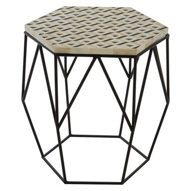 Black and White Resin Hexagon Side Table with Black Wireframe Base, Harlo