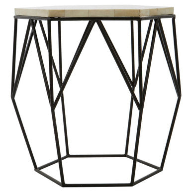 Black and White Resin Hexagon Side Table with Black Wireframe Base, Harlo