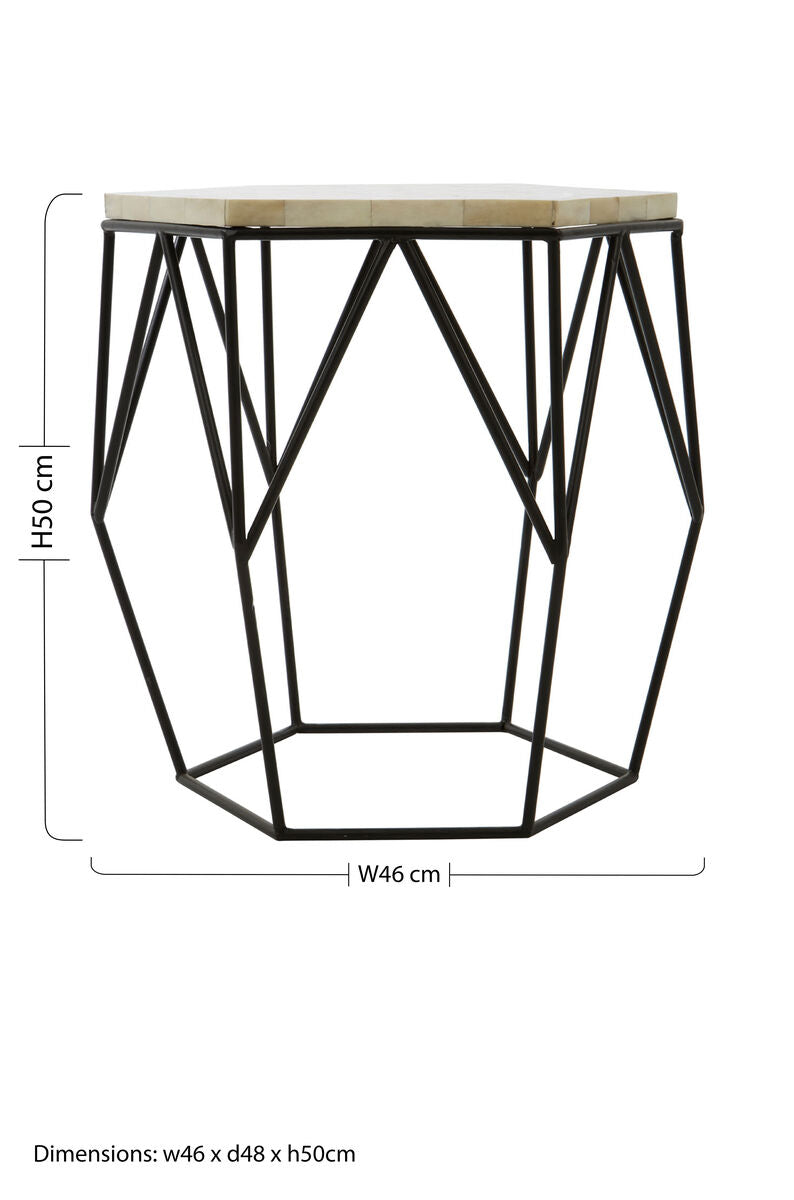 Black and White Resin Hexagon Side Table with Black Wireframe Base | Harlo