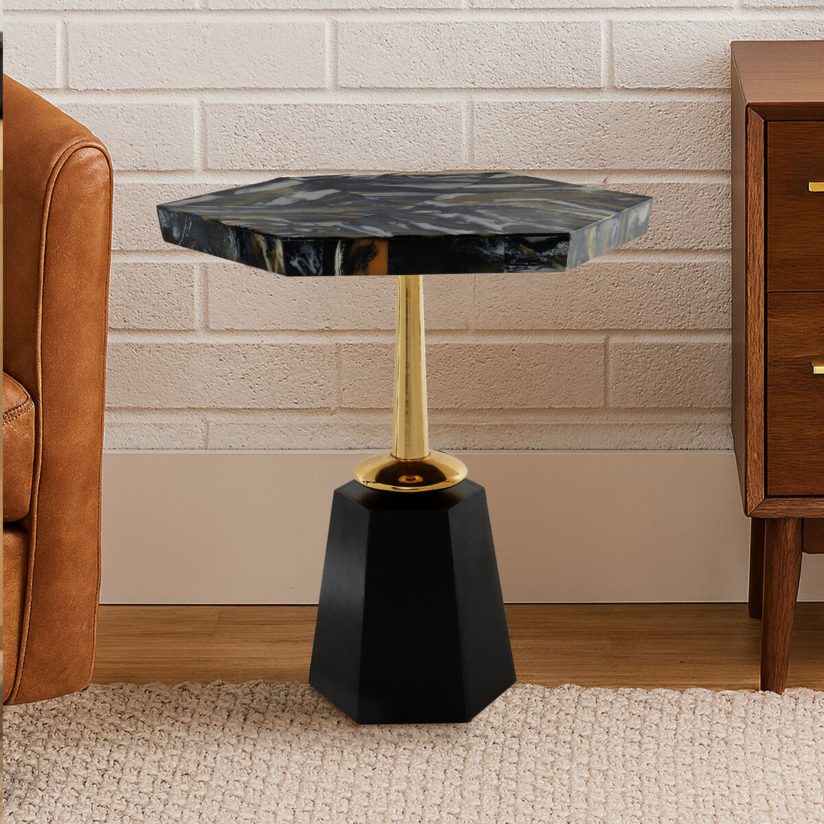 Assorted Horn Effect Hexagonal Top Side Table with Gold Pedestal and Black Base | Odell
