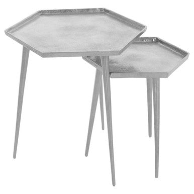Silver Set of 2 Hexagonal Side Tables with Textured Tops and Splayed Legs | Halle