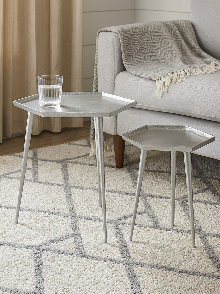 Silver Set of 2 Hexagonal Side Tables with Textured Tops and Splayed Legs | Halle
