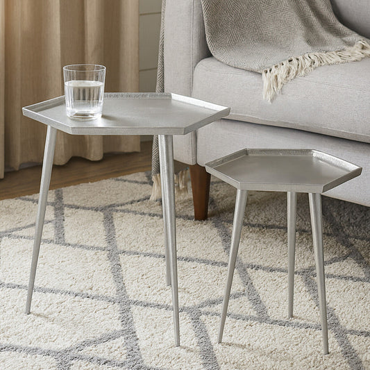 Silver Set of 2 Hexagonal Side Tables with Textured Tops and Splayed Legs | Halle