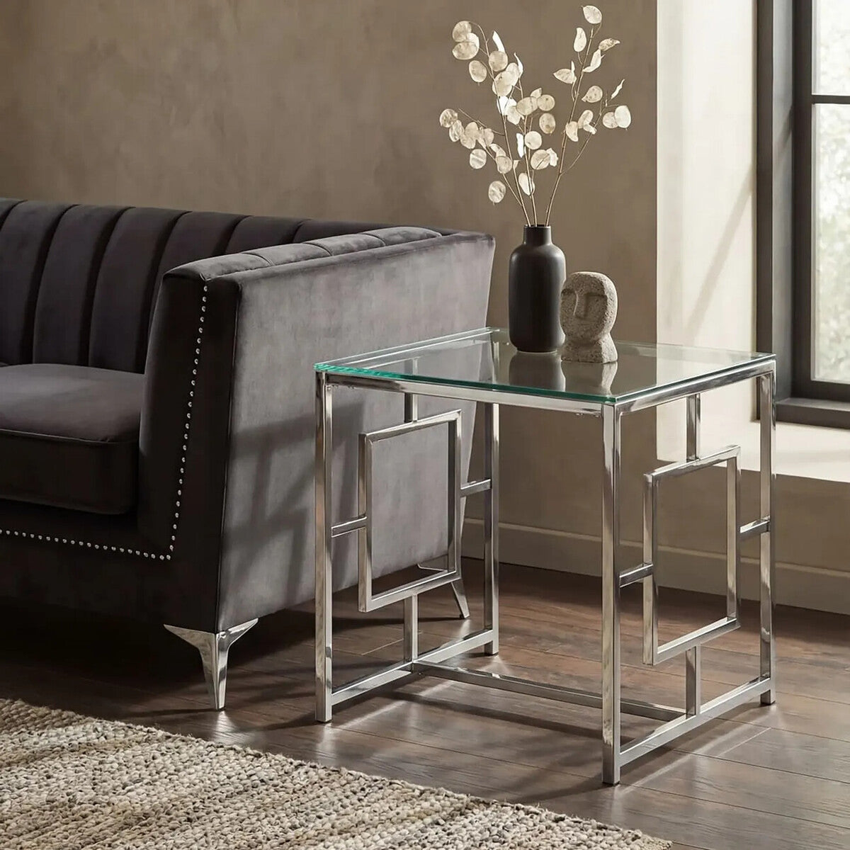 Silver Reflective Frame End Table with Clear Tempered Glass Top | Allure