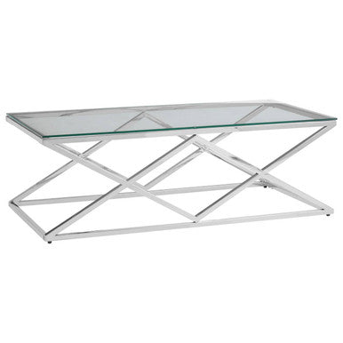 Silver Reflective Stainless Steel Coffee Table with Clear Tempered Glass Top | Allure