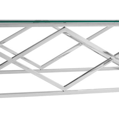 Silver Reflective Stainless Steel Coffee Table with Clear Tempered Glass Top | Allure