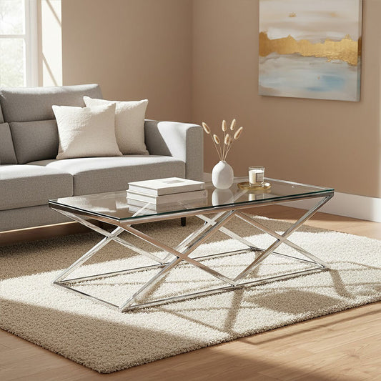 Silver Reflective Stainless Steel Coffee Table with Clear Tempered Glass Top, Allure