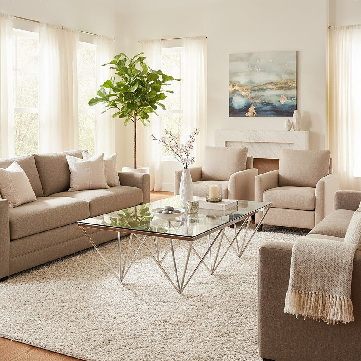 Silver Prismatic Base Coffee Table with Clear Glass Top and 6 Pincer Style Legs | Allure