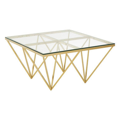 Gold Prismatic Square Coffee Table with Clear Glass Top and Pincer Style Legs | Allure