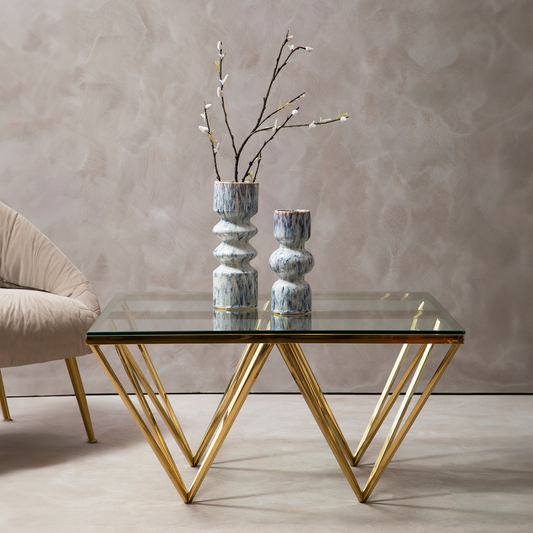 Gold Prismatic Square Coffee Table with Clear Glass Top and Pincer Style Legs, Allure
