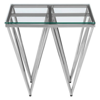 Silver Stainless Steel End Table with Pincer Like Legs and Glass Top, Allure