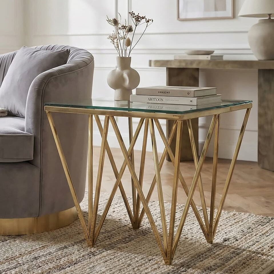 Gold Finish Side Table with Tempered Glass Top and Sculptural Metal Base | Allure