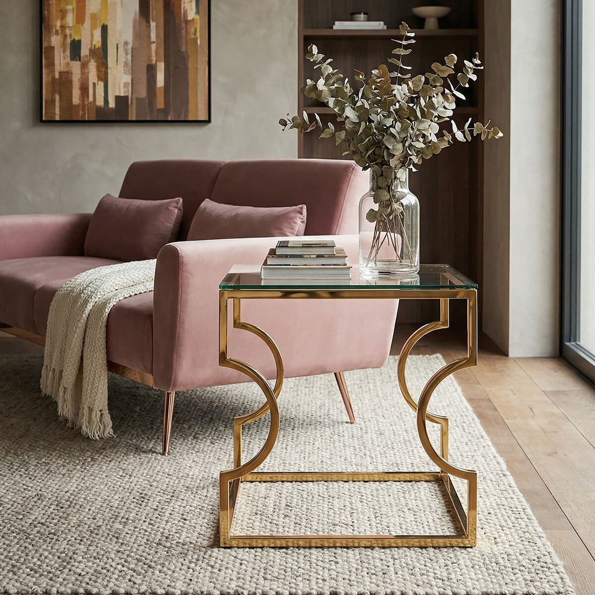 Gold Curved Frame Square End Table with Clear Tempered Glass, Allure