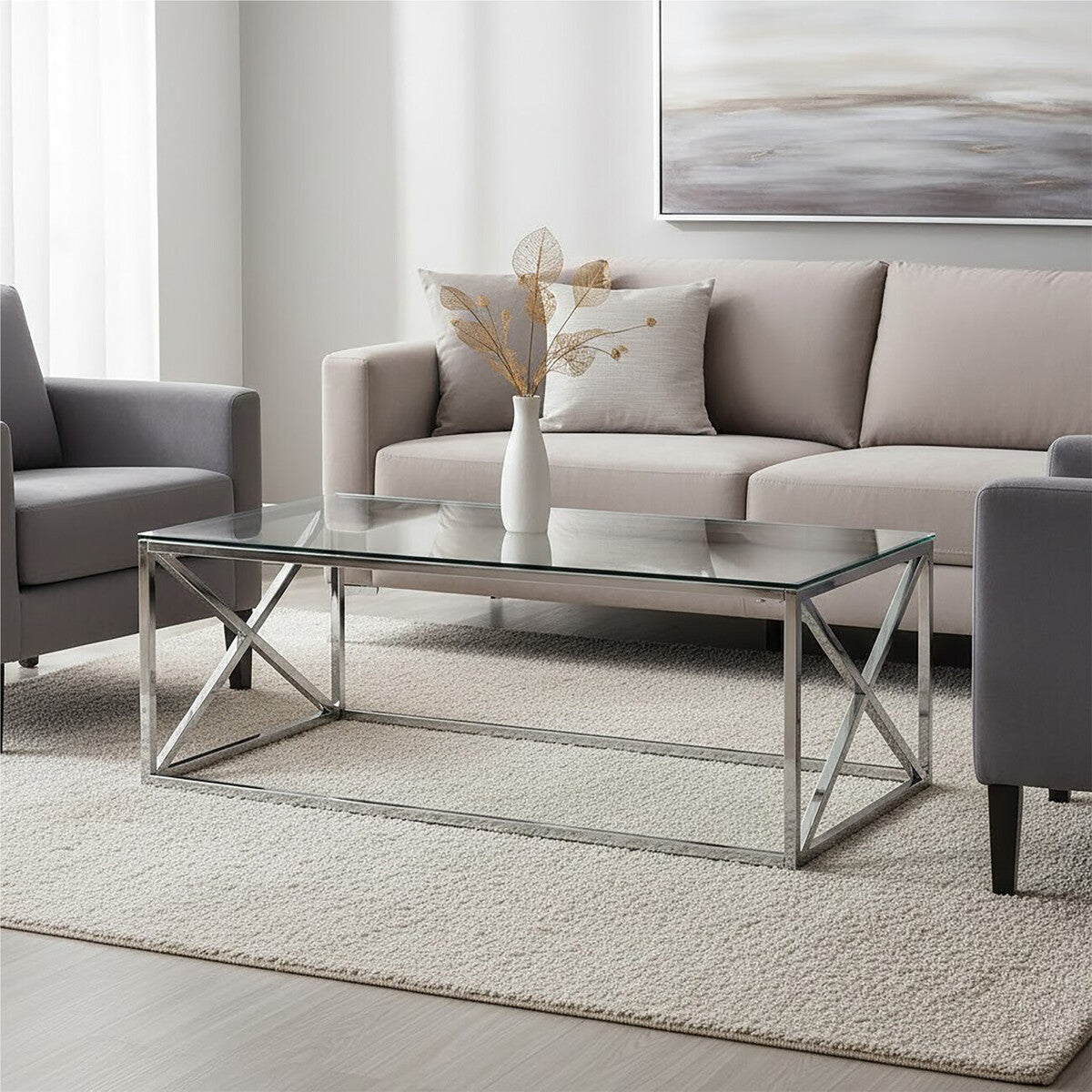 Silver Finish Coffee Table with Cross Frame and Tempered Glass Top | Allure