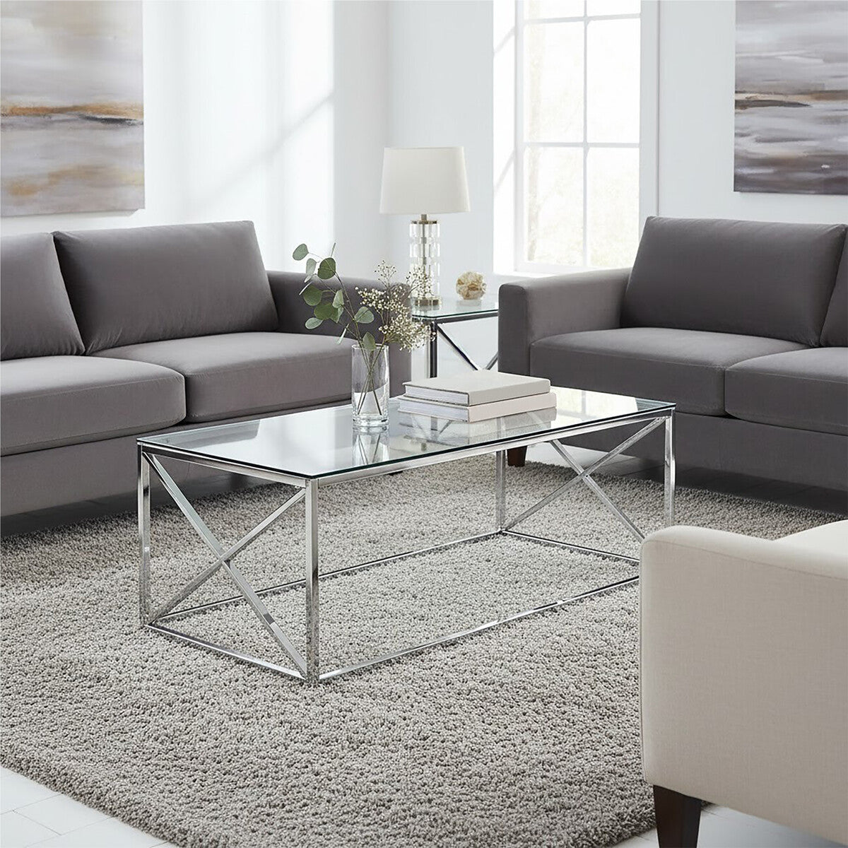 Silver Finish Coffee Table with Cross Frame and Tempered Glass Top | Allure