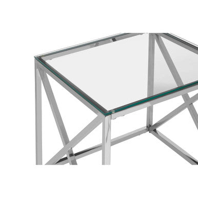 Silver Cross Base End Table with Transparent Tempered Glass Top | Allure
