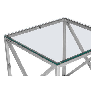 Silver Cross Base End Table with Transparent Tempered Glass Top | Allure