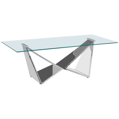 Silver Stainless Steel Wing Base Coffee Table with Clear Glass Top | Allure