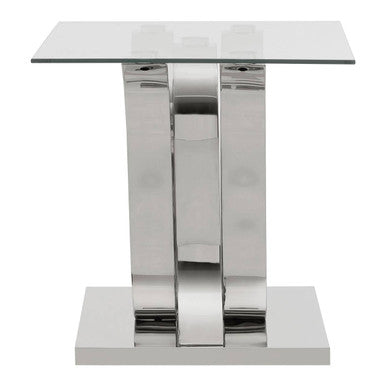 Silver Mirrored Finish Curved Base End Table with Clear Glass Top | Allure