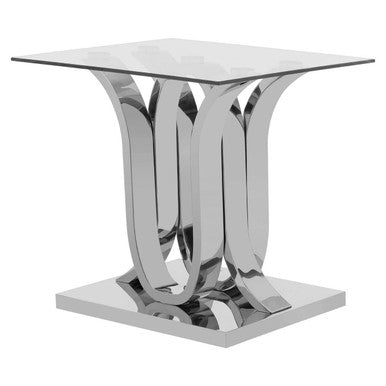Silver Mirrored Finish Curved Base End Table with Clear Glass Top | Allure