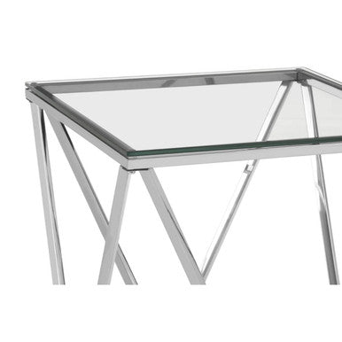 Silver Twist Design Small End Table with Tempered Glass Top, Allure