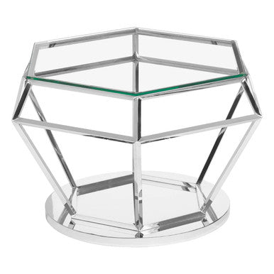 Silver Finish Diamond Design End Table with Clear Tempered Glass Top | Allure