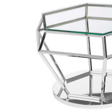Silver Finish Diamond Design End Table with Clear Tempered Glass Top | Allure