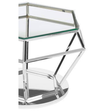 Silver Finish Diamond Design End Table with Clear Tempered Glass Top | Allure