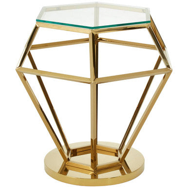 Gold Finish Diamond Frame Small End Table with Tempered Glass Top | Allure