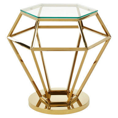 Gold Finish Diamond Frame Small End Table with Tempered Glass Top | Allure