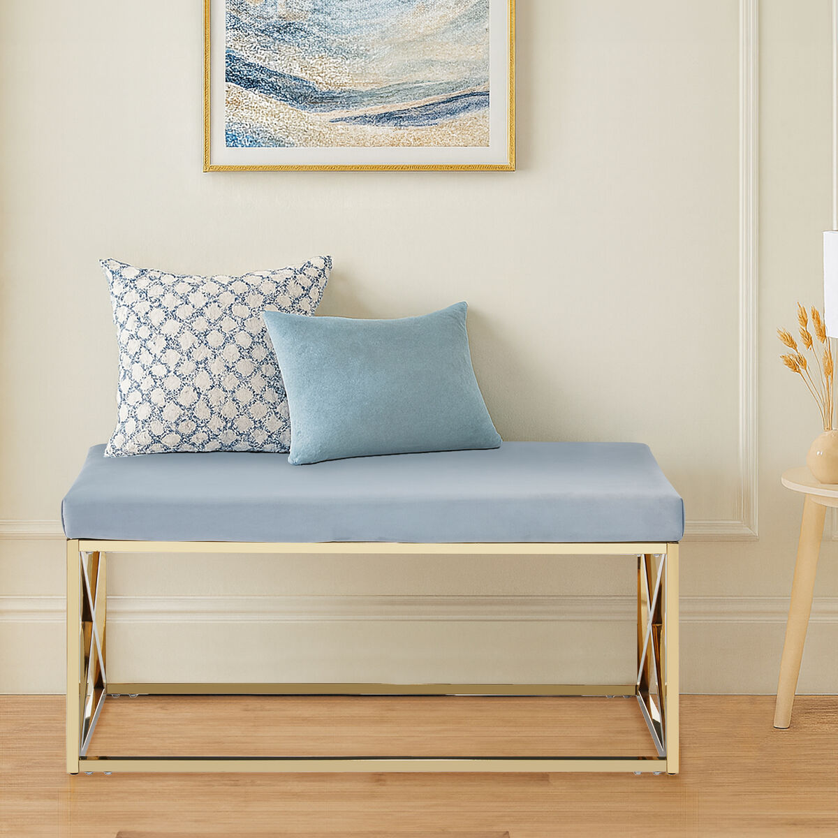 Allure Powder Blue Velvet Bench with Gold Stainless Steel Frame
