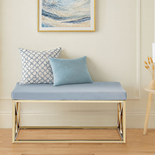Allure Powder Blue Velvet Bench with Gold Stainless Steel Frame