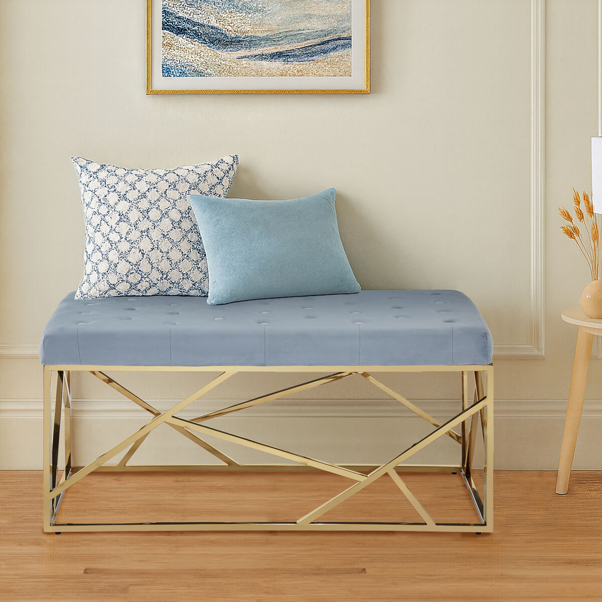 Allure Gold and Powder Blue Velvet Bench with Button Tufting