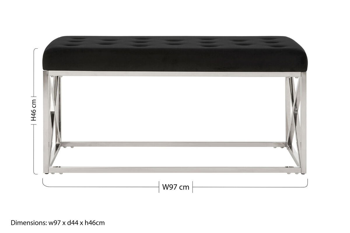 Allure Black Velvet Bench with Silver Finish Frame
