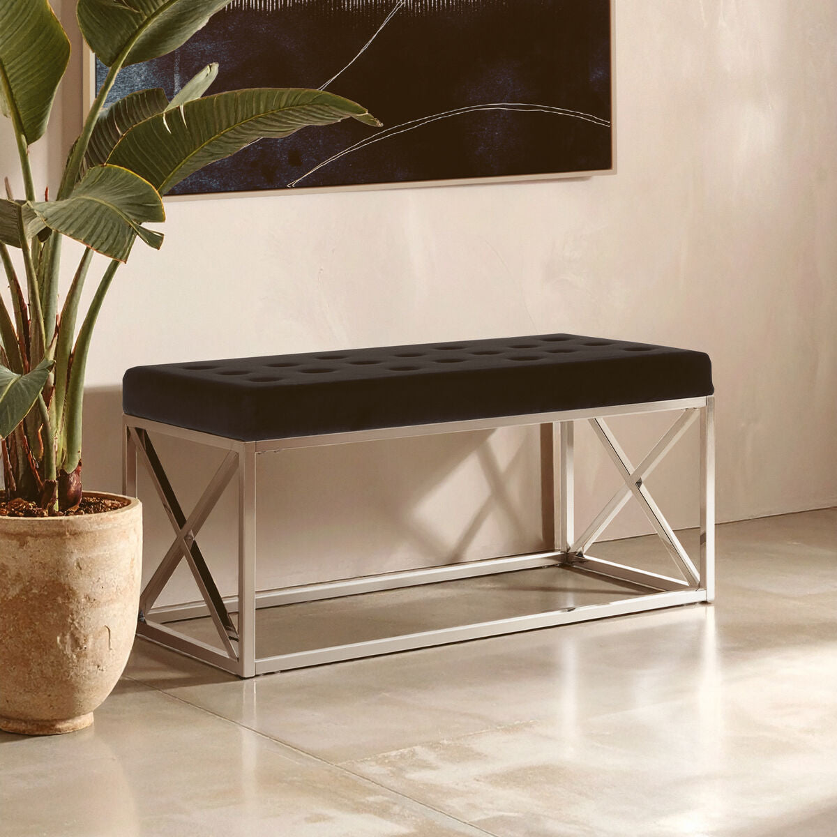 Allure Black Velvet Bench with Silver Finish Frame