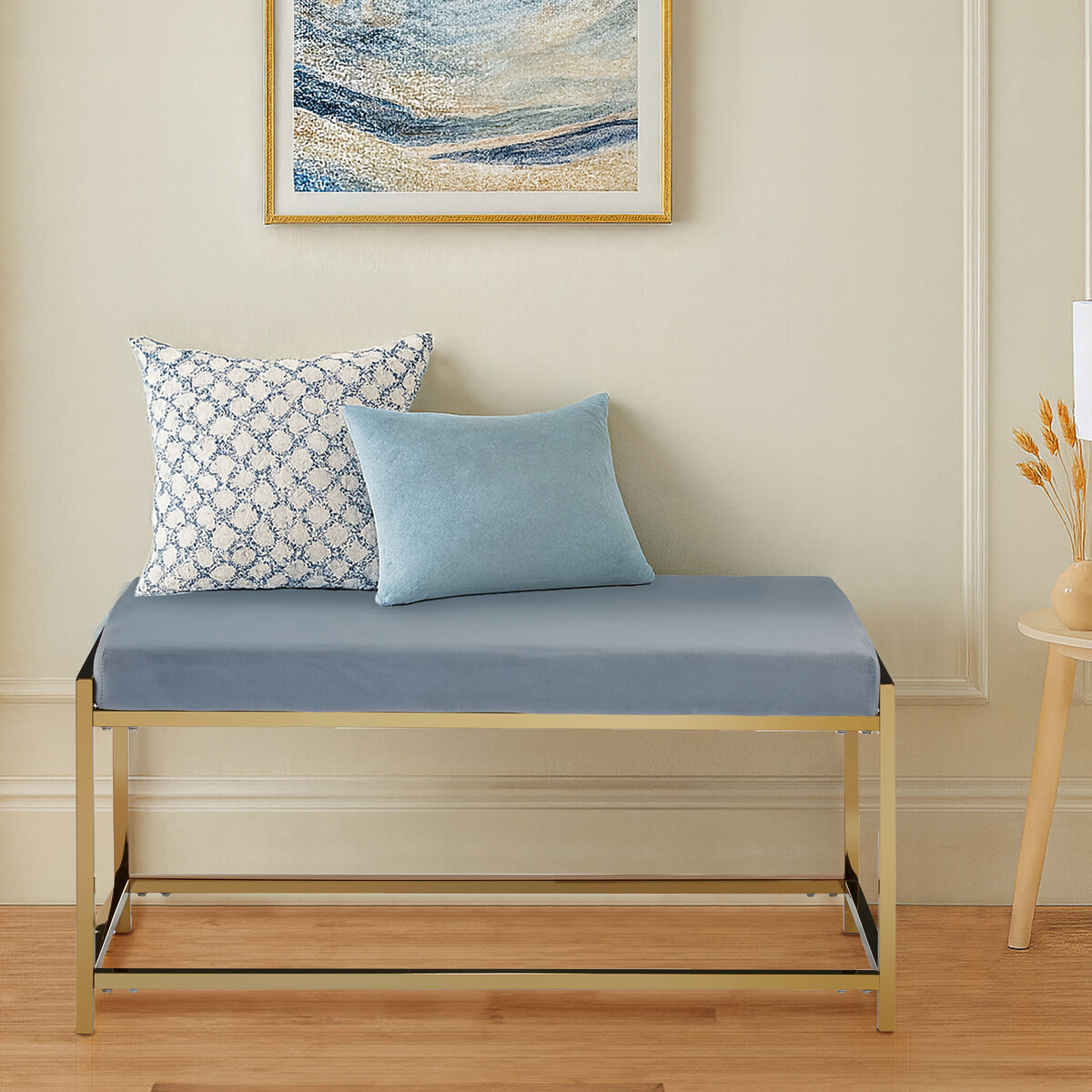 Allure Gold and Powder Blue Velvet Bench with Cushion