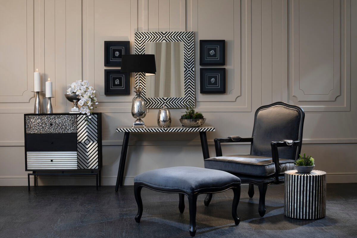 Black Chevron Bone Inlay Console Table with Slim Metal Legs | Boho