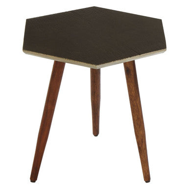 Grey Sheesham Wood Hexagonal Side Table with 3 Leg Base | Boho