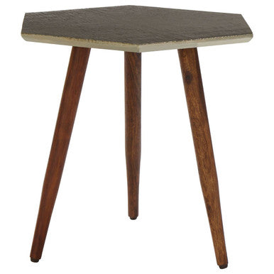 Grey Sheesham Wood Hexagonal Side Table with 3 Leg Base | Boho