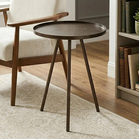 Black Finish Iron Metal Splayed Legs Side Table with Round Weathered Antique Glass Top, Corra