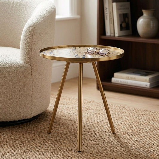 Gold Finish Round Glass Top Side Table with Splayed Metallic Legs, Corra