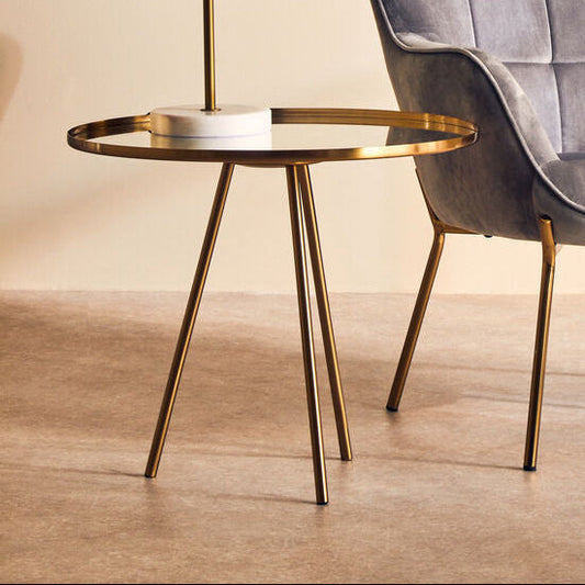 Gold Finish Mirrored Top Side Table with Minimal Iron Base, Corra
